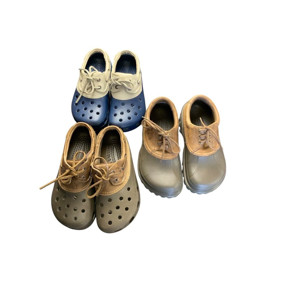 Crocs Shoes Lot 3 Pairs Mens 6 Womens 8 Blue Brown Tan Lace Up Clogs